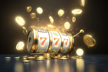 A dramatic shot of winning sevens landing on a slot reel surrounded by shining gold coins, symbolizing big wins.